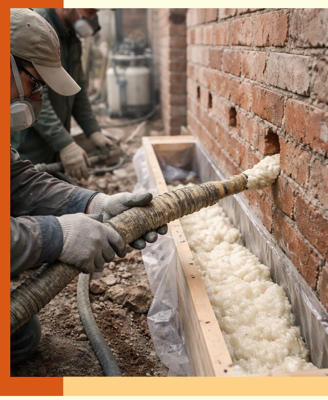 Заливка ППУ в пустоты кирпичной стены в Орске